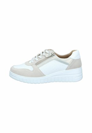 White and beige sneaker with lace-up front, side zipper, perforated panels, and thick textured sole.
