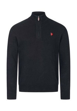 Black long-sleeve knit sweater with a quarter-zip collar and small red embroidered logo on the left chest.