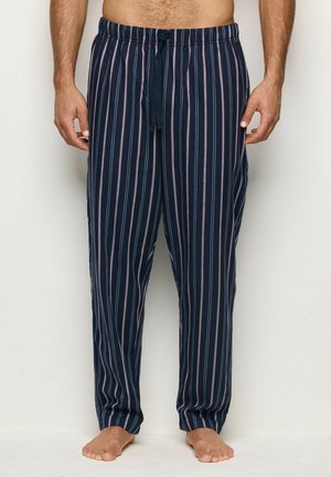 Pantalons de pyjama navy avec des rayures verticales en rose et blanc. Taille élastique avec cordon de serrage, tissu léger, coupe ample.