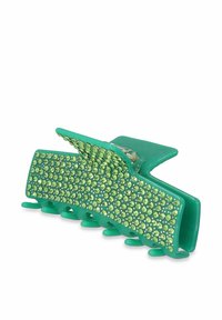 Clip per capelli verde con superficie texturizzata adornata da numerosi piccoli strass verde chiaro. Design a artiglio per una presa sicura.