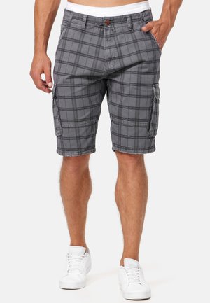 Gray plaid cargo shorts with a regular fit, made from lightweight fabric, featuring side pockets and a button closure.