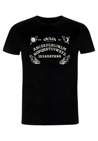 Sort bomulds t-shirt med et hvidt Ouija bræt design, inklusiv bogstaver, tal og dekorative elementer i form af måne- og solmotiver.