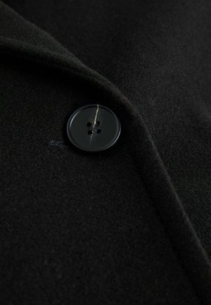 Schwarzer Wollstoff mit einer Nahaufnahme eines großen schwarzen Kunststoffknopfes mit vier Löchern, begleitet von einer glatten Kragenkante.