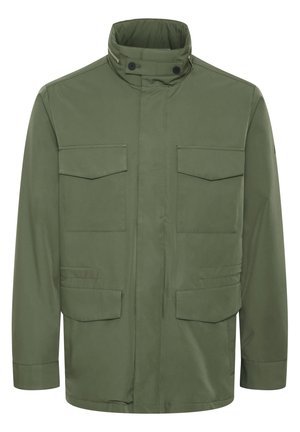 Olijf groene jacket met een hoge kraag, twee borstzakken, zijzakken en een ritssluiting. Glad stoffen en gestructureerde pasvorm.