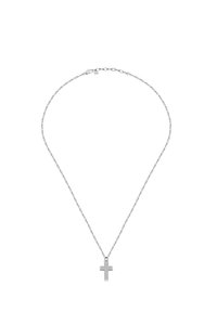 Collana in argento con un piccolo pendente a croce texturizzato. La catena è delicata con maglie, e la croce presenta un motivo a griglia sulla sua superficie.