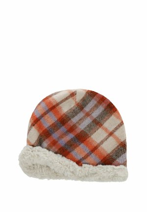 Soft plaid winter hat with red, brown, purple, and beige checks and a white fluffy cuff.