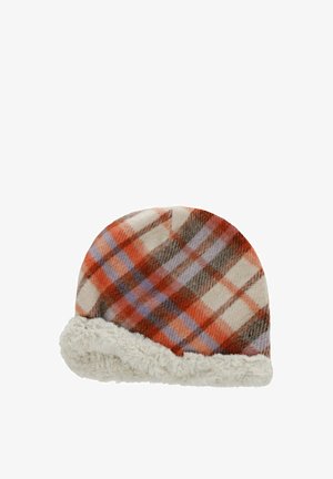 Soft plaid winter hat with red, brown, purple, and beige checks and a white fluffy cuff.