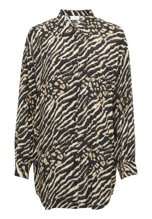 Long-sleeve button-up shirt with black, beige, and cream abstract animal print pattern and pointed collar.