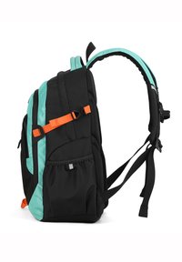 Zaino nero con dettagli turchesi, fibbia arancione e tasche laterali, dotato di schienale in rete imbottita e spallacci regolabili per il massimo comfort.