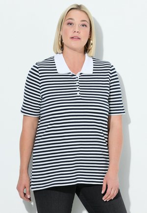 Zwart-wit gestreept poloshirt met korte mouwen, een witte kraag en een vijfknopenlijst, met een ontspannen pasvorm en een gestructureerde stof.