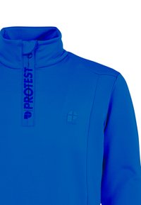 Pullover blu a mezza zip realizzato in tessuto morbido, con colletto alto, logo in rilievo sul petto e cuciture piatte per un design elegante.