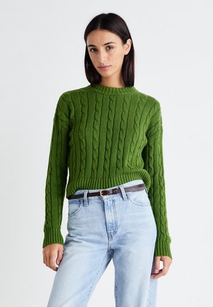 Femme aux cheveux lisses et foncés portant un pull vert à torsades et un jean taille haute bleu clair avec une ceinture marron, sur un fond blanc uni.