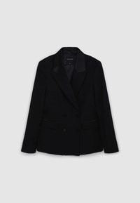 Blazer noir croisé à double boutonnage avec revers en satin, manches longues, deux poches avant, et texture lisse. Étiquette "CALLIOPE".