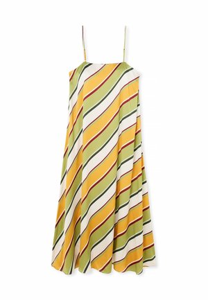 Sans rukavi obleka s tekočo obliko, ki ima diagonalne črte v zeleni, rumeni in beli barvi z rdečimi detajli, izdelana iz gladkega materiala.