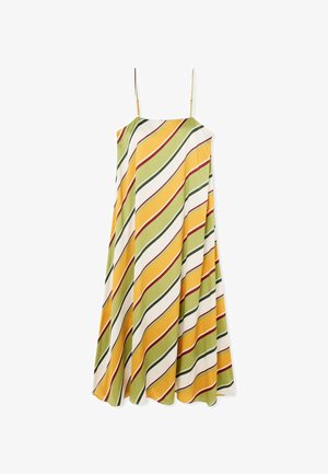 Bez piedurknēm, plūstoša forma, ar diagonālām svītrām zaļā, dzeltenā un baltā krāsā, ar sarkaniem akcentiem, izgatavota no gludas auduma.