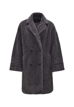 Gray, double-breasted coat made of fluffy, textured fabric. Features a notched collar and oversized fit with front buttons.
