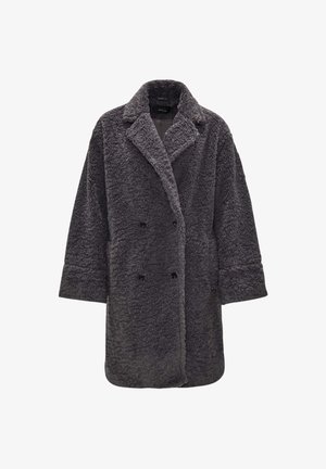 Grau, doppelt-knopflose Jacke aus flauschigem, strukturiertem Stoff. Mit einem aufgeklappten Kragen und oversized Passform sowie Frontknöpfen.