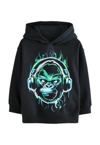 Felpa nera con un grafico colorato di un gorilla che indossa cuffie, con accenti neon verdi e blu e design a fiamma.