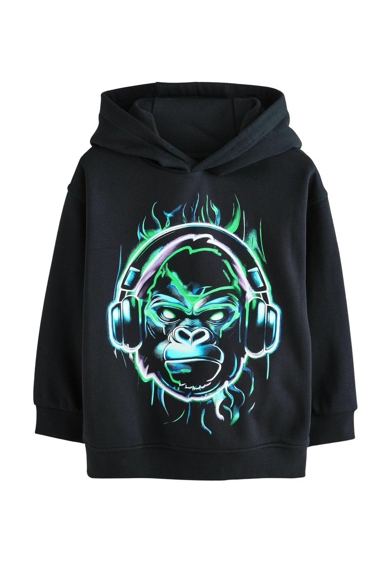 Felpa nera con un grafico colorato di un gorilla che indossa cuffie, con accenti neon verdi e blu e design a fiamma.
