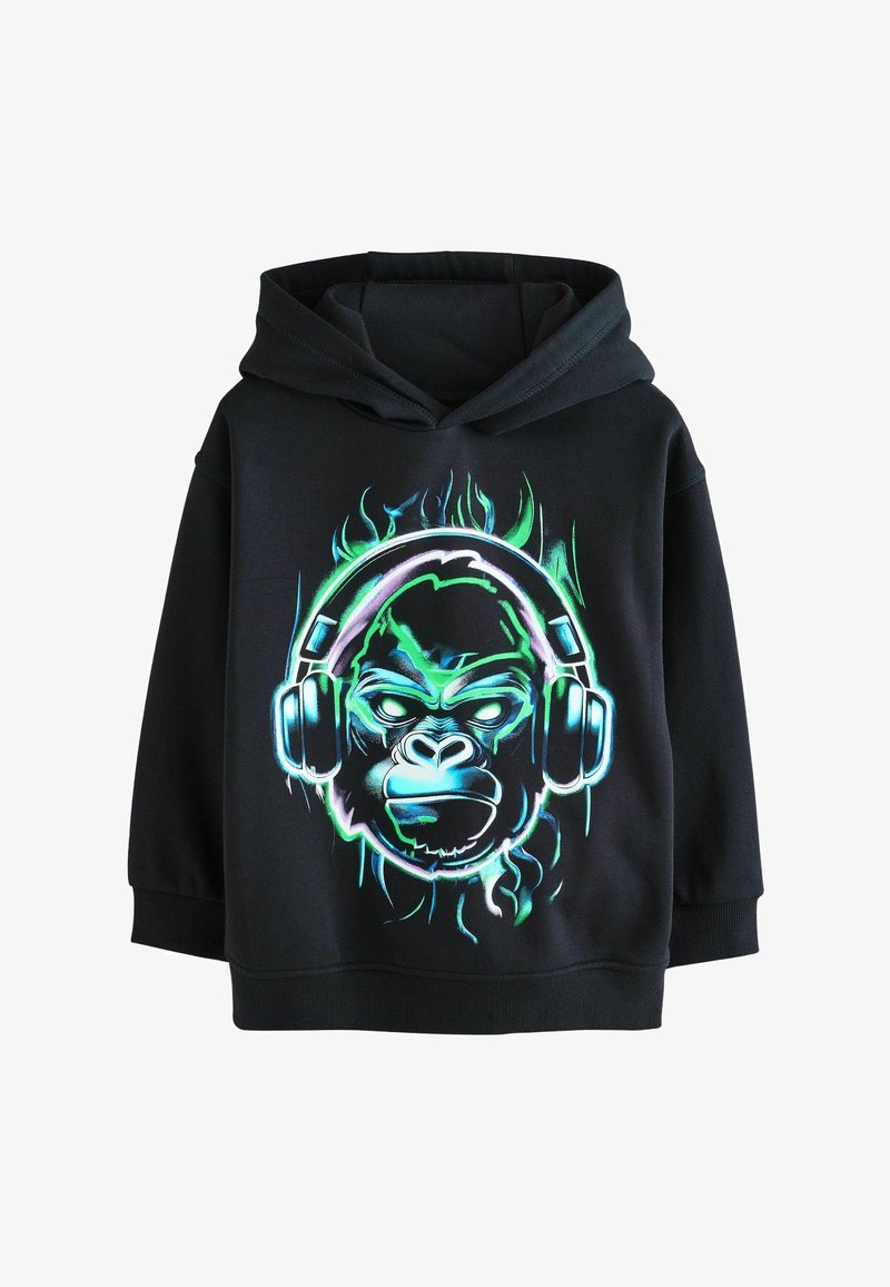 Black hoodie with a neon-style graphic of a gorilla face wearing large headphones, surrounded by green and blue glowing flames.