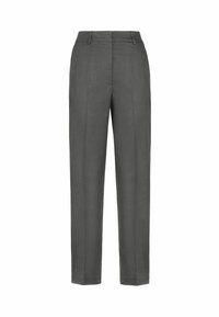 Graue Hose mit geradem Schnitt, aus leichtem Material gefertigt. Mit vorderen Faltendetails und einem Bund mit Gürtelschlaufen.