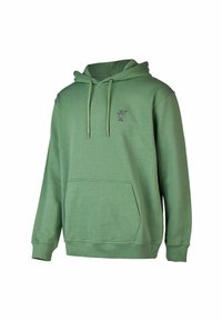 Green cotton hoodie with a front pocket, drawstrings, and a small embroidered design on the chest. Soft texture and relaxed fit.