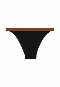 Juodas bikinio dugnas su tekstūruotu dizainu ir kontrastinga ruda juosta. Pasižymi vidutiniu pjūviu ir minkšta medžiaga komfortui.