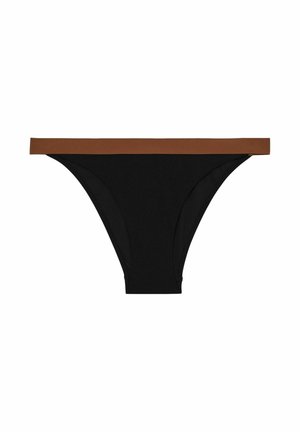 Juodas bikinio dugnas su tekstūruotu dizainu ir kontrastinga ruda juosta. Pasižymi vidutiniu pjūviu ir minkšta medžiaga komfortui.