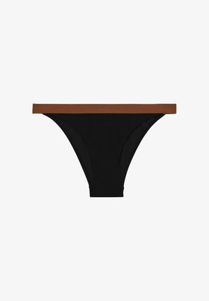 Schwarzer Bikiniunterteil mit strukturiertem Design und kontrastierendem braunem Bund. Verfügt über einen moderaten Schnitt und ein weiches Material für Komfort.