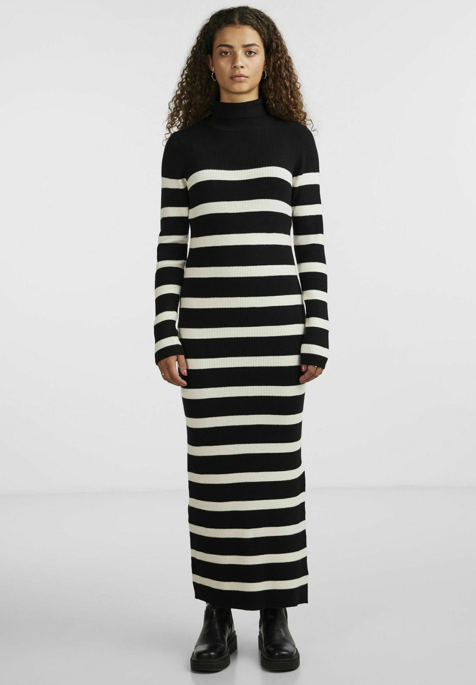 Knitted Jumper Dress Long Stripe Turtleneck Dress(Black/White) S 