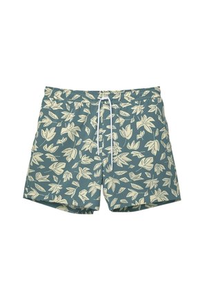 Plavalne hlače iz zeleno-modrega materiala z listnatim vzorcem v krem barvi. Imajo elastičen pas in bel vrvico za prilagoditev.