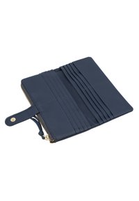 Navy blue leather wallet open with multiple card slots, a snap button strap, and a zipper compartment on white background.