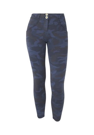 Højttaljede blå camouflagemønstrede leggings lavet af strækbart stof med to knapper i guldfarve og lommer foran.