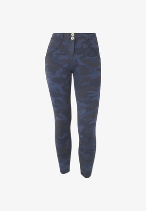 Højttaljede blå camouflagemønstrede leggings lavet af strækbart stof med to knapper i guldfarve og lommer foran.