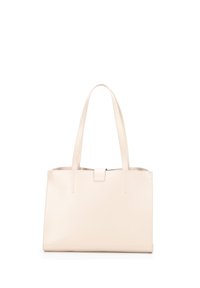 Borsa tote in pelle beige con due lunghe maniglie, design minimale, forma rettangolare e chiusura a scatto magnetico nella parte superiore.
