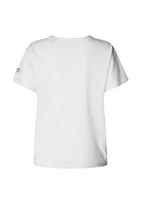 Witte katoenen T-shirt met korte mouwen, ronde halslijn en geen zichtbare ontwerpelementen of patronen op de achterkant.