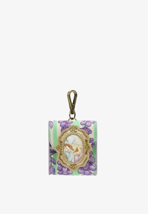 Piccola pochette a motivo floreale con strisce verdi e viola, una cornice dorata ornata e un'illustrazione di due volpi vestite con abiti da matrimonio.
