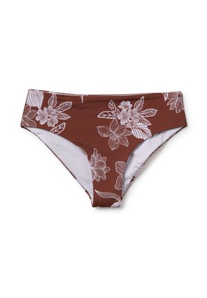 Bas de bikini marron avec imprimé floral blanc et un design lisse et sans couture.