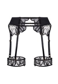 Μαύρη ζώνη ζαρτιέρας από δαντέλα με κυματιστό μοτίβο, ρυθμιζόμενα λουριά και λεπτομέρειες από χρυσό μέταλλο. Διαφανή πλάγια από δίχτυ και στενή στεφάνη στην κορυφή.