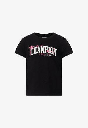 Schwarzes T-Shirt mit kurzen Ärmeln, weißem "CHAMPION"-Schriftzug und pinken tropischen Motiven wie Palmen, Sonne, Krone, Blumen sowie dem Schriftzug "STATE OF MIND".