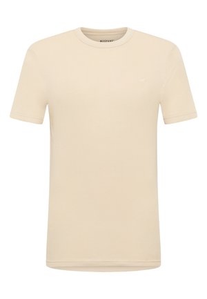 Beige Short-Sleeve-T-Shirt aus strukturiertem Stoff. Verfügt über einen Rundhalsausschnitt und ein dezentes Logo auf der Brust. Klassische Passform.