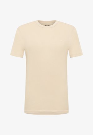 Beige Short-Sleeve-T-Shirt aus strukturiertem Stoff. Verfügt über einen Rundhalsausschnitt und ein dezentes Logo auf der Brust. Klassische Passform.