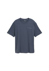 Marineblauw katoenen T-shirt met korte mouwen, ronde halslijn en klein "Tom Tailor" logo op de linker borst in lichtblauw. Eenvoudig ontwerp.