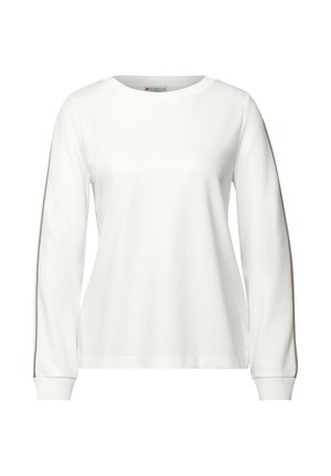 Pull blanc à manches longues avec un col rond. Présente des rayures latérales marron et des poignets côtelés pour une finition ajustée. Fabriqué à partir d'un matériau doux.