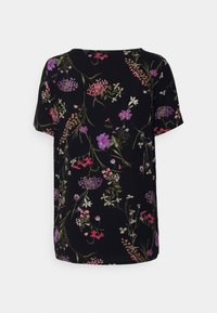 Top preto de manga curta com um padrão floral em tons de roxo, rosa e verde. Tecido macio e leve; corte descontraído.