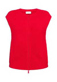 Czerwony dzianinowy top z krótkimi rękawami i zamkiem z przodu. Charakteryzuje się prążkowaną fakturą i ukośnymi szwami. Casualowy, dopasowany fason.