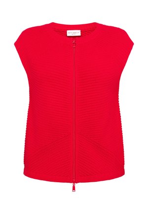 Rode gebreide top met korte mouwen en een rits aan de voorkant. Heeft een geribbelde textuur en diagonale naaddetails. Casual, aangesloten ontwerp.