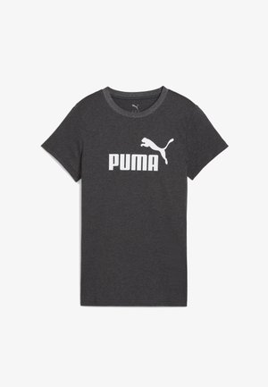 T-shirt en coton gris foncé avec un logo PUMA blanc et un graphisme d'un puma en train de sauter. Encolure ronde et manches courtes. Design simple et classique.