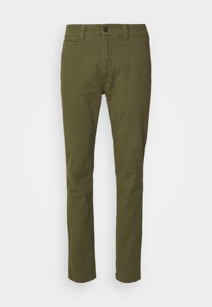 Olive green cotton chinos with a standard fit, featuring a button closure, belt loops, and side and back pockets. Smooth texture.