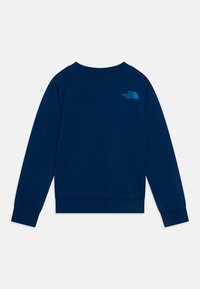 Navy blue sweatshirt with long sleeves, round neckline, and ribbed cuffs. Features a blue logo on the upper back. Smooth texture.